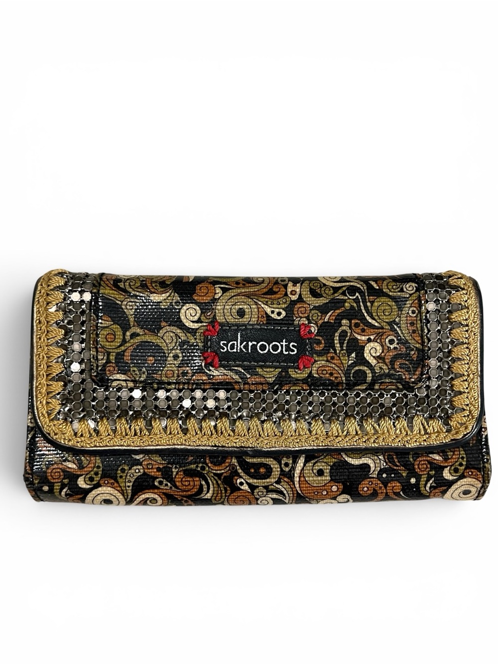 Sakroots Black Gold Paisley-Accent Wallet with Metallic Trim
